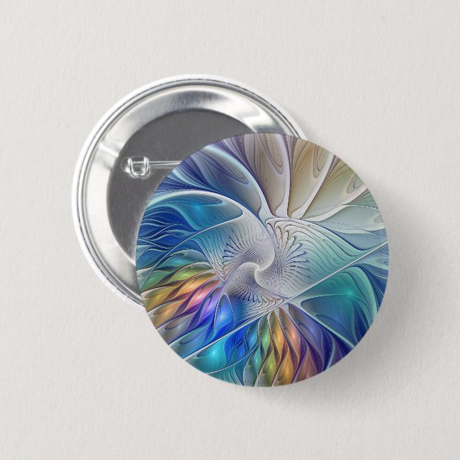 Floral Fantasy, Colourful Abstract Fractal Flower 2 Inch Round Button (Front & Back)