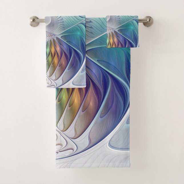 Floral Fantasy, Colourful Abstract Fractal Flower Bath Towel Set (Insitu)