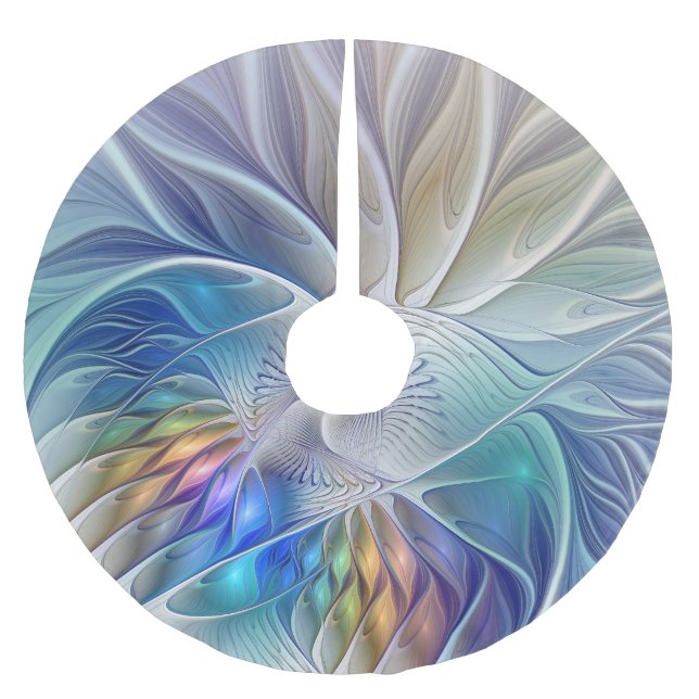 Floral Fantasy, Colourful Abstract Fractal Flower Brushed Polyester Tree Skirt (Front)