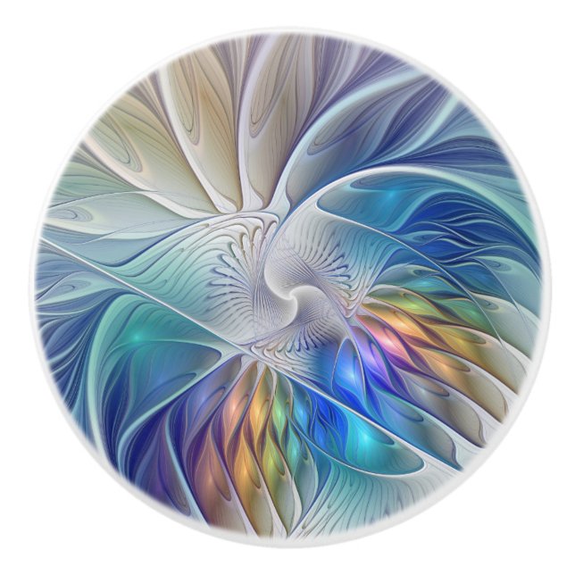 Floral Fantasy, Colourful Abstract Fractal Flower Ceramic Knob (Front)