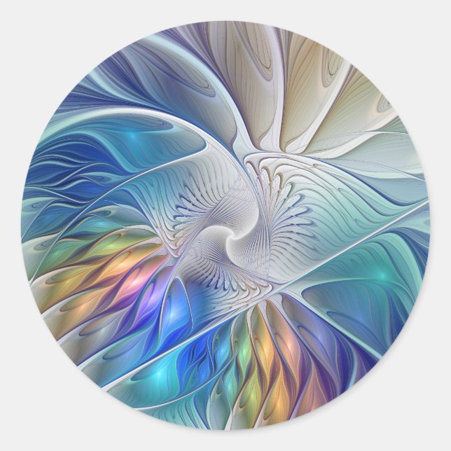 Floral Fantasy, Colourful Abstract Fractal Flower Classic Round Sticker (Front)