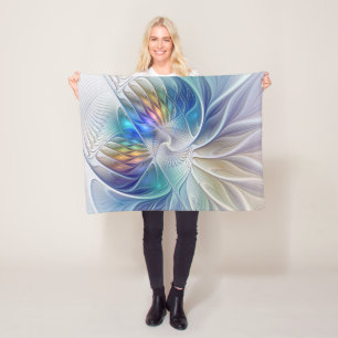 Floral Fantasy, Colourful Abstract Fractal Flower Fleece Blanket