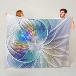 Floral Fantasy, Colourful Abstract Fractal Flower Fleece Blanket