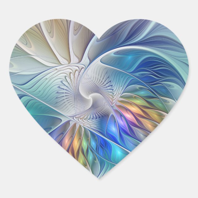 Floral Fantasy, Colourful Abstract Fractal Flower Heart Sticker (Front)