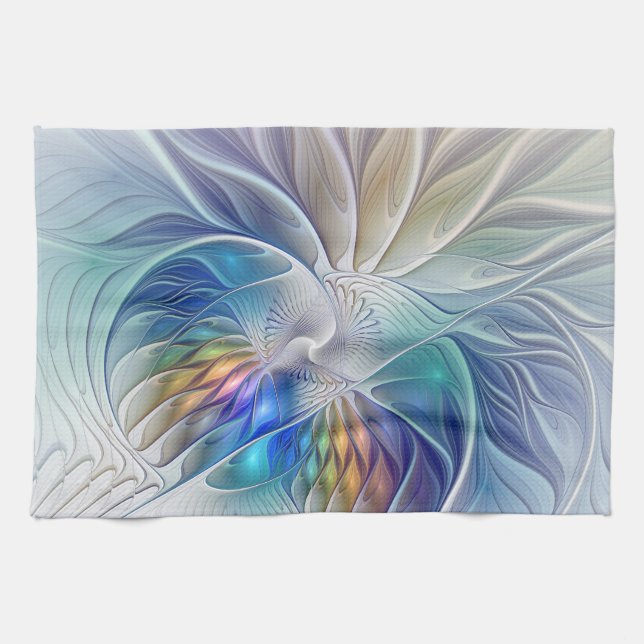 Floral Fantasy, Colourful Abstract Fractal Flower Kitchen Towel (Horizontal)