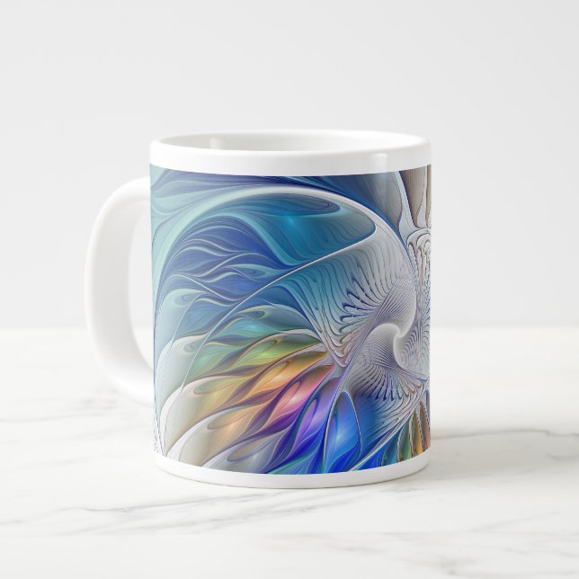 Floral Fantasy, Colourful Abstract Fractal Flower Large Coffee Mug (Front Left)