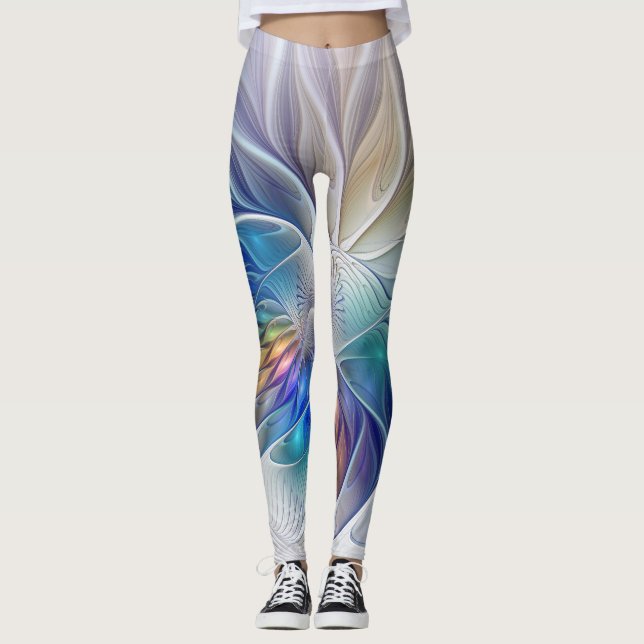 Floral Fantasy, Colourful Abstract Fractal Flower Leggings (Front)