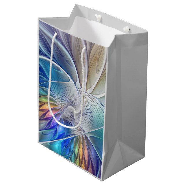 Floral Fantasy, Colourful Abstract Fractal Flower Medium Gift Bag (Front Angled)