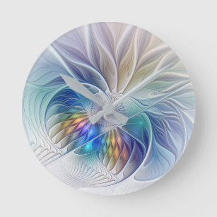 Floral Fantasy, Colourful Abstract Fractal Flower Round Clock