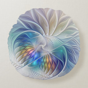 Floral Fantasy, Colourful Abstract Fractal Flower Round Pillow