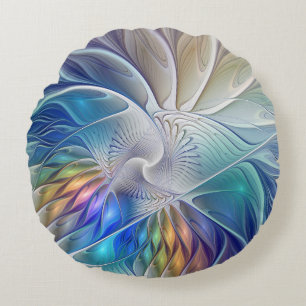 Floral Fantasy, Colourful Abstract Fractal Flower Round Pillow