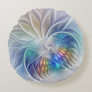 Floral Fantasy, Colourful Abstract Fractal Flower Round Pillow