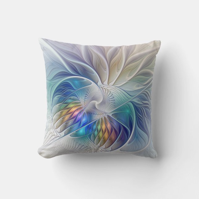 Floral Fantasy, Colourful Abstract Fractal Flower Throw Pillow (Front)