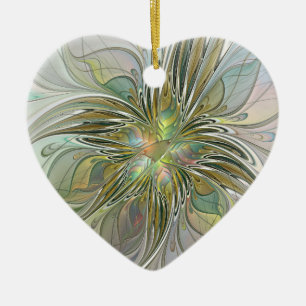 Floral Fantasy Fractal Art Flower With Gold Heart Ceramic Ornament