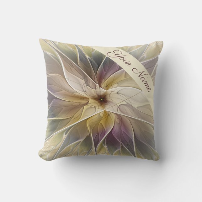 Floral Fantasy Gold Aubergine Abstract Art Name Throw Pillow (Front)