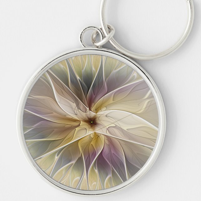 Floral Fantasy Gold Aubergine Abstract Fractal Art Keychain (Front)