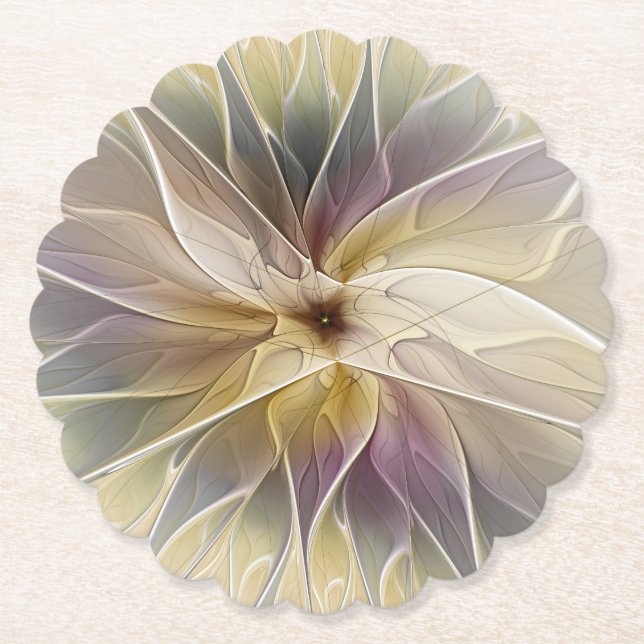 Floral Fantasy Gold Aubergine Abstract Fractal Art Paper Coaster (Front)
