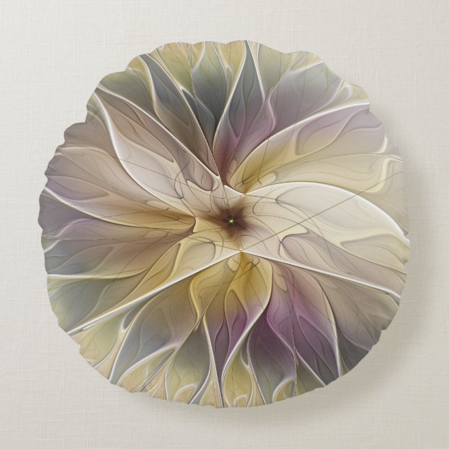 Floral Fantasy Gold Aubergine Abstract Fractal Art Round Pillow (Front)