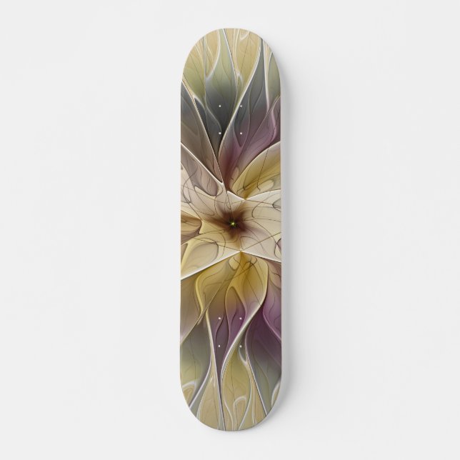 Floral Fantasy Gold Aubergine Abstract Fractal Art Skateboard (Front)