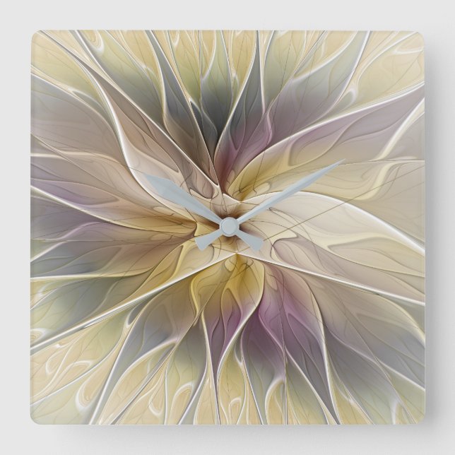 Floral Fantasy Gold Aubergine Abstract Fractal Art Square Wall Clock (Front)