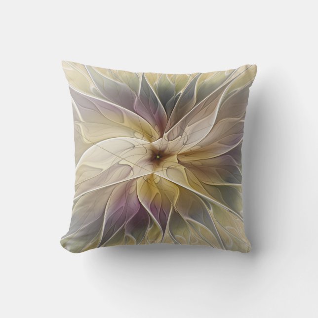 Floral Fantasy Gold Aubergine Abstract Fractal Art Throw Pillow (Front)
