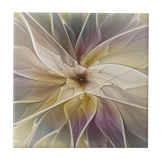 Floral Fantasy Gold Aubergine Abstract Fractal Art Tile (Front)