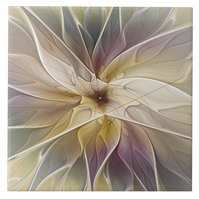 Floral Fantasy Gold Aubergine Abstract Fractal Art Tile (Front)