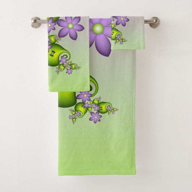 Floral Fantasy Lilac Flowers Green Shapes Fractal Bath Towel Set (Insitu)
