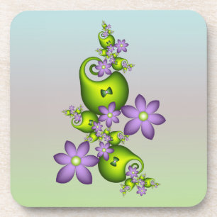Floral Fantasy Lilac Flowers Green Shapes Fractal Coaster