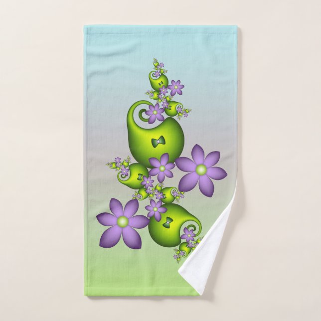 Floral Fantasy Lilac Flowers Green Shapes Fractal Hand Towel (Hand Towel)