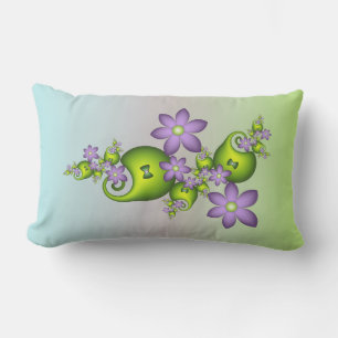 Floral Fantasy Lilac Flowers Green Shapes Fractal Lumbar Pillow
