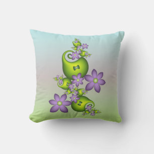 Floral Fantasy Lilac Flowers Green Shapes Fractal Outdoor Pillow