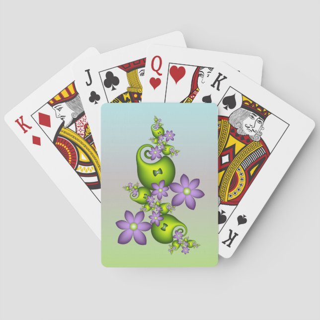 Floral Fantasy Lilac Flowers Green Shapes Fractal Playing Cards (Back)
