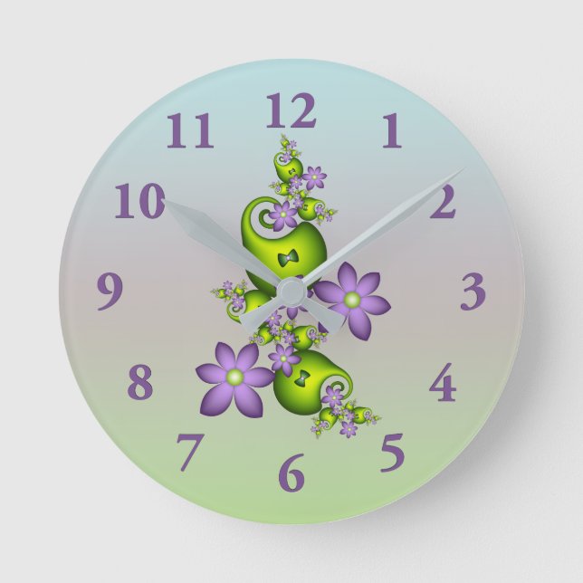 Floral Fantasy Lilac Flowers Green Shapes Fractal Round Clock (Front)