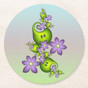 Floral Fantasy Lilac Flowers Green Shapes Fractal Round Paper Coaster