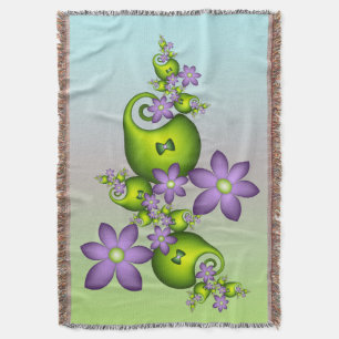 Floral Fantasy Lilac Flowers Green Shapes Fractal Throw Blanket