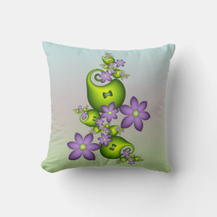 Floral Fantasy Lilac Flowers Green Shapes Fractal Throw Pillow