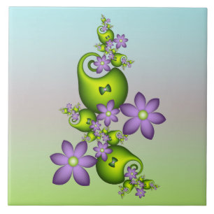 Floral Fantasy Lilac Flowers Green Shapes Fractal Tile