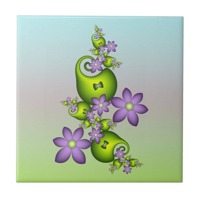 Floral Fantasy Lilac Flowers Green Shapes Fractal Tile (Front)