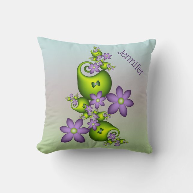Floral Fantasy Lilac Flowers Green Shapes Name Throw Pillow (Front)