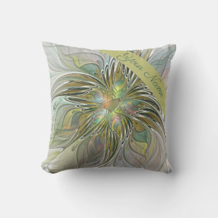 Floral Fantasy Modern Art Flower With Gold Name Throw Pillow