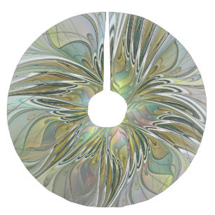 Floral Fantasy Modern Fractal Art Flower With Gold Brushed Polyester Tree Skirt