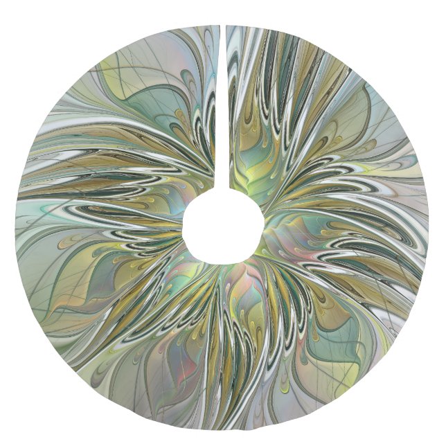 Floral Fantasy Modern Fractal Art Flower With Gold Brushed Polyester Tree Skirt (Front)