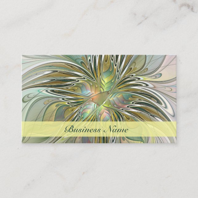 Floral Fantasy Modern Fractal Art Flower With Gold Business Card (Front)