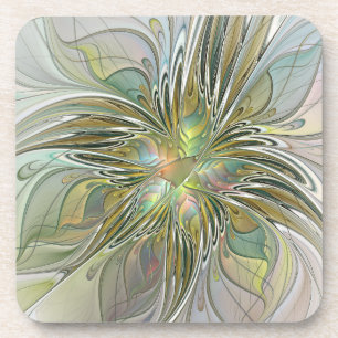 Floral Fantasy Modern Fractal Art Flower With Gold Coaster