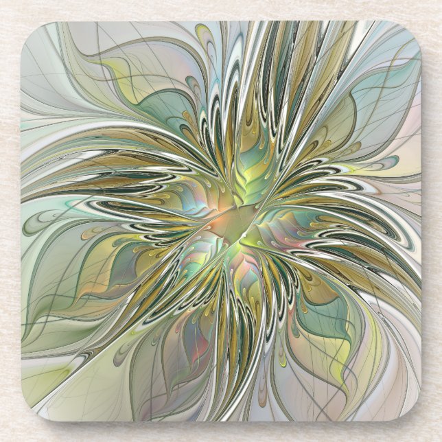 Floral Fantasy Modern Fractal Art Flower With Gold Coaster (Front)