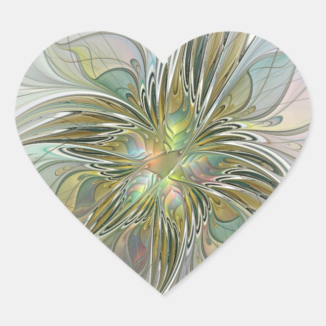 Floral Fantasy Modern Fractal Art Flower With Gold Heart Sticker (Front)
