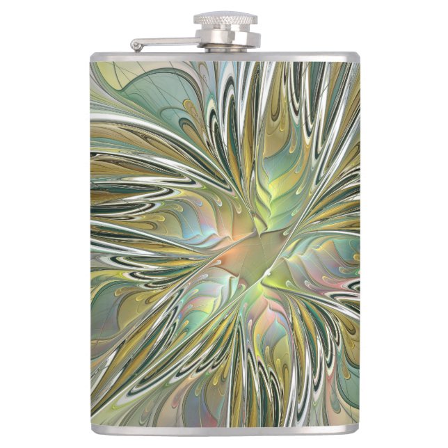 Floral Fantasy Modern Fractal Art Flower With Gold Hip Flask (Front)