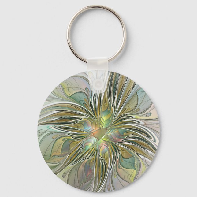 Floral Fantasy Modern Fractal Art Flower With Gold Keychain (Front)