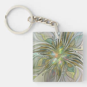 Floral Fantasy Modern Fractal Art Flower With Gold Keychain